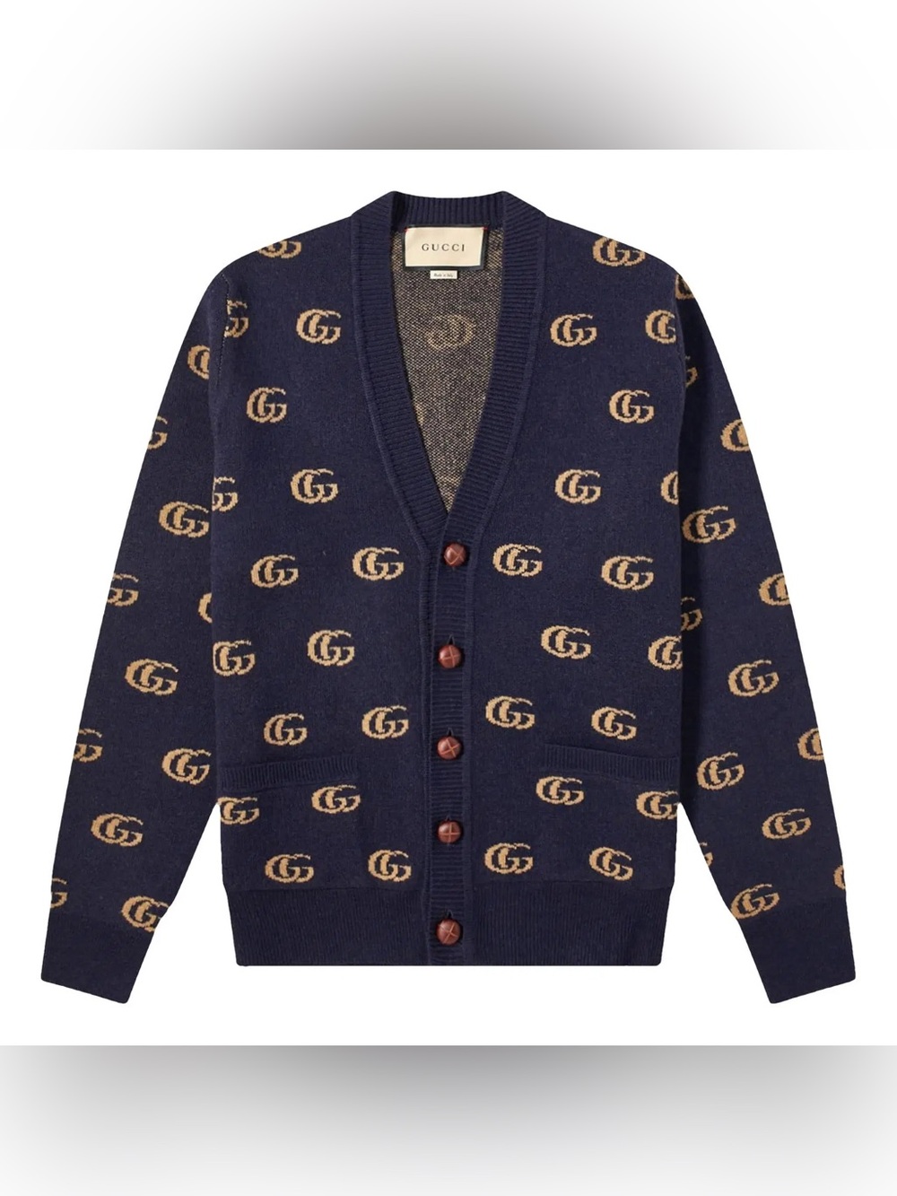 Gucci Navy and Beige 100% Wool GG Logo Cardigan